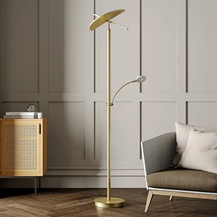Lucande LED-Deckenfluter Anniki - Höhe: 180 cm, messing / gold, messing / gold, Warmweiß - Goldene Stehleuchte mit Deckenfluter und verstellbarer Leselampe.