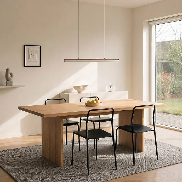 Lucande Pendelleuchte Lutana - L x B x H: 101 x 7 x 5 cm, Holz hell, rosegold, holzarben - Rechteckiger Esstisch aus hellem Holz mit massiven Beinen in einem modernen Esszimmer.