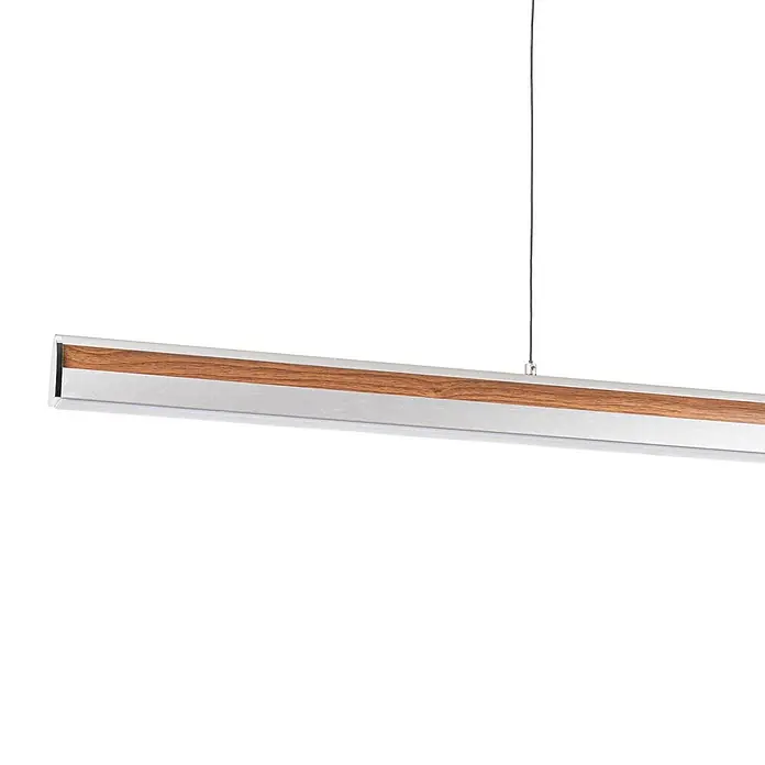 Lucande Pendelleuchte Lutana - L x B x H: 101 x 7 x 5 cm, Holz hell, rosegold, holzarben - Lineare Pendelleuchte mit silbernem Finish und braunem Holz-Akzent, an einem dünnen Kabel aufgehängt.
