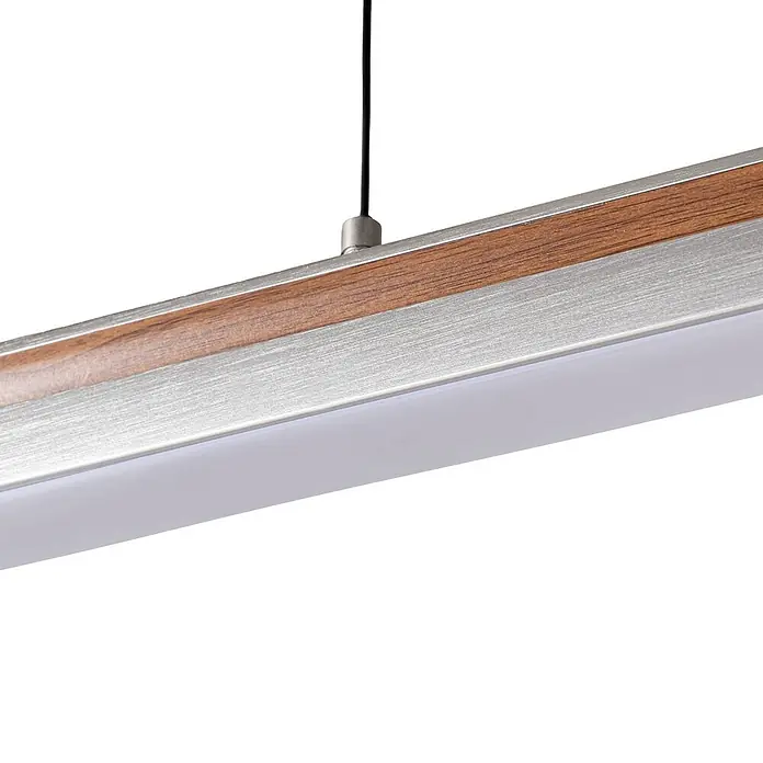 Lucande Pendelleuchte Lutana - L x B x H: 101 x 7 x 5 cm, Holz hell, rosegold, holzarben - Lineare Pendelleuchte aus gebürstetem Silbermetall, Holzdekor und weißem Diffusor.