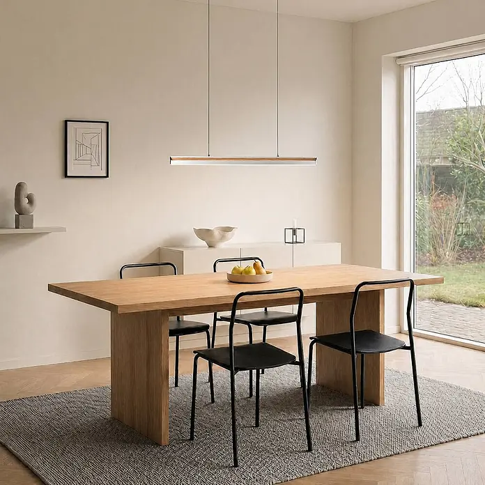 Lucande Pendelleuchte Lutana - L x B x H: 101 x 7 x 5 cm, Holz hell, rosegold, holzarben - Rechteckiger Esstisch aus hellem Holz mit stabilen Blockbeinen, umgeben von minimalistischen schwarzen Stühlen.