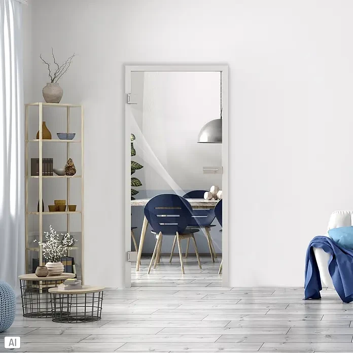 Diamond Doors Glasdrehtür 635 - 959 x 1.972 mm, DIN Anschlag: Links, Klarglas - Transparente Ganzglastür in modernem Interieur, die einen Essbereich dahinter zeigt.