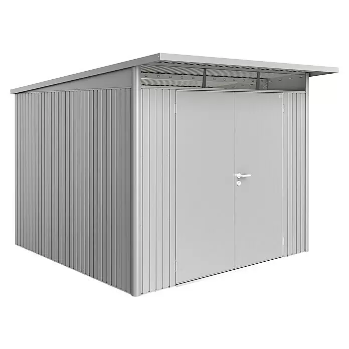 Biohort AvantGarde Gerätehaus AvantGarde A7 - Außenmaß inkl. Dachüberstand (B x T): 260 x 300 cm, Stahl, Silber Metallic, Doppeltür - Diagonale Ansicht