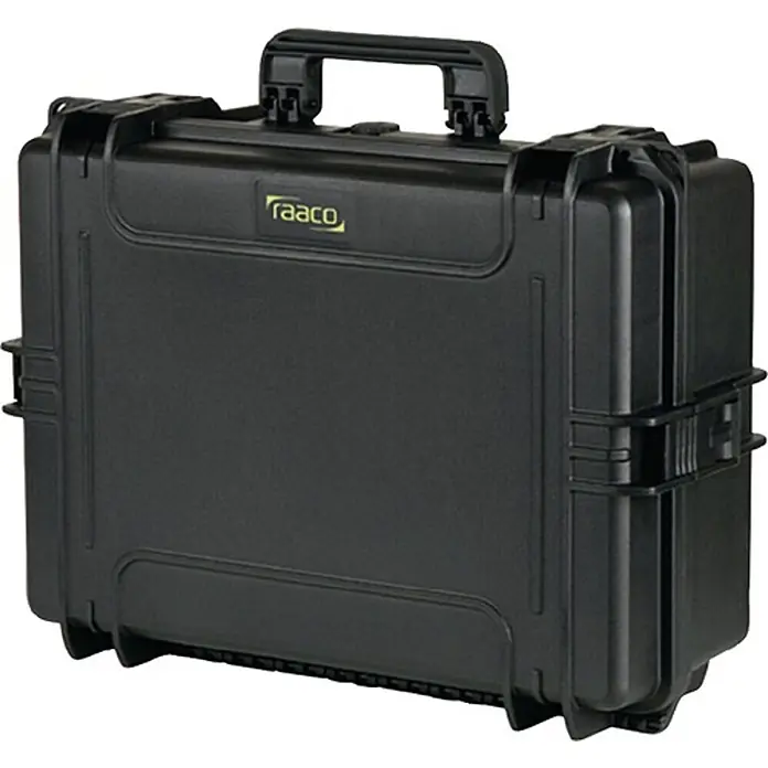 Raaco Werkzeugkoffer FlightCase 5 – IP67 - L x B x H: 35 x 19,4 x 50 cm - Schwarzer Hartschalenkoffer aus Kunststoff mit Raaco-Logo, Griff und Verschlüssen.