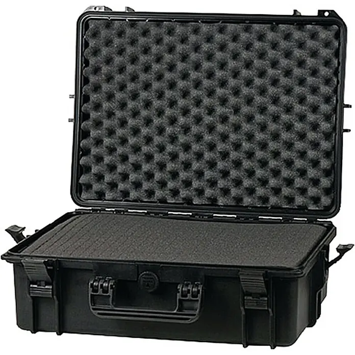 Raaco Werkzeugkoffer FlightCase 5 – IP67 - L x B x H: 35 x 19,4 x 50 cm - Schwarzer Schutzkoffer geöffnet, mit weicher Noppen- und Flachschaumstoffpolsterung innen für sicheren Transport.
