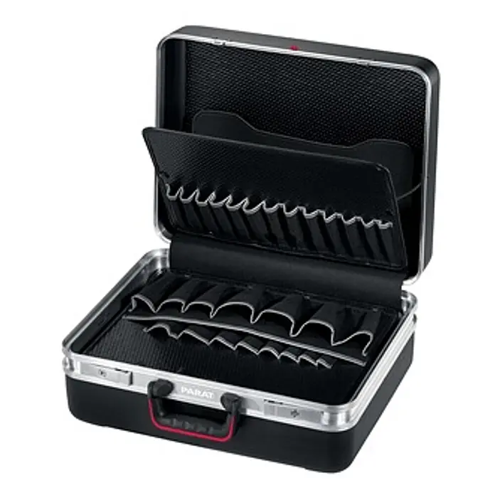 Parat Werkzeugkoffer CLASSIC DeepSpace 36 L - L x B x H: 47 x 21 x 36 cm - Geöffneter schwarz-silberner Werkzeugkoffer mit mehreren Innenfächern und Gummischlaufen zur Werkzeugorganisation.