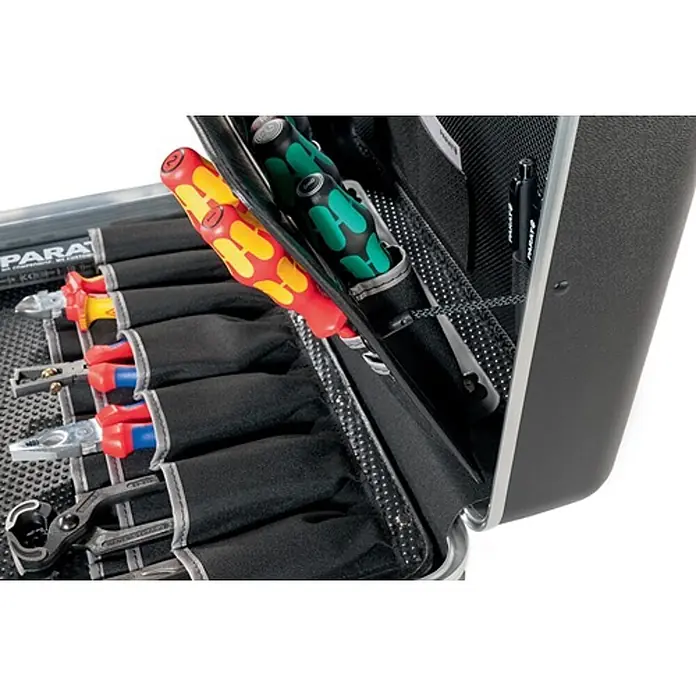 Parat Werkzeugkoffer CLASSIC DeepSpace 36 L - L x B x H: 47 x 21 x 36 cm - Offener schwarzer Werkzeugkoffer mit Schraubendrehern, Zangen und einem Stift übersichtlich in Innentaschen.