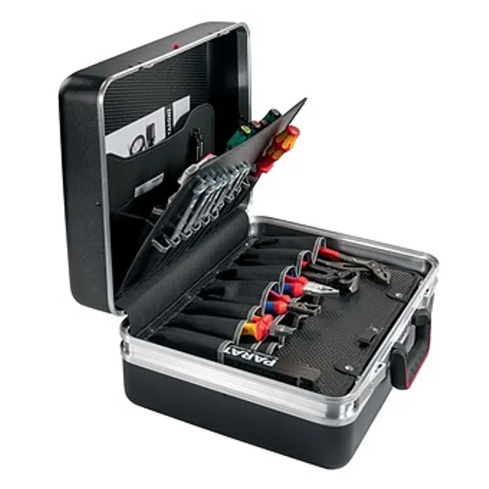 Parat Werkzeugkoffer CLASSIC DeepSpace 36 L - L x B x H: 47 x 21 x 36 cm - Offener schwarzer Werkzeugkoffer mit Alurahmen, organisiert mit Schraubendrehern und Zangen in Innentaschen und Schlaufen.