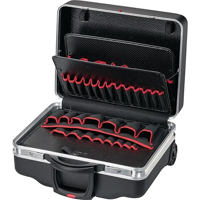 Parat Werkzeugkoffer CLASSIC KingSize Roll neo -  - Geöffneter schwarzer Werkzeugkoffer mit roten und schwarzen Innentaschen und texturierter Oberfläche.