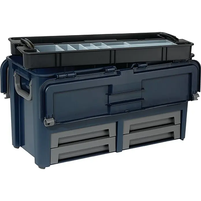 Raaco Werkzeugkoffer Compact 62 – 10 Fächer - L x B x H: 62 x 31,5 x 32 cm - Dunkelblaue Mehrzweck-Aufbewahrungsbox mit herausnehmbarem oberen Fach und mehreren grauen Schubladen.