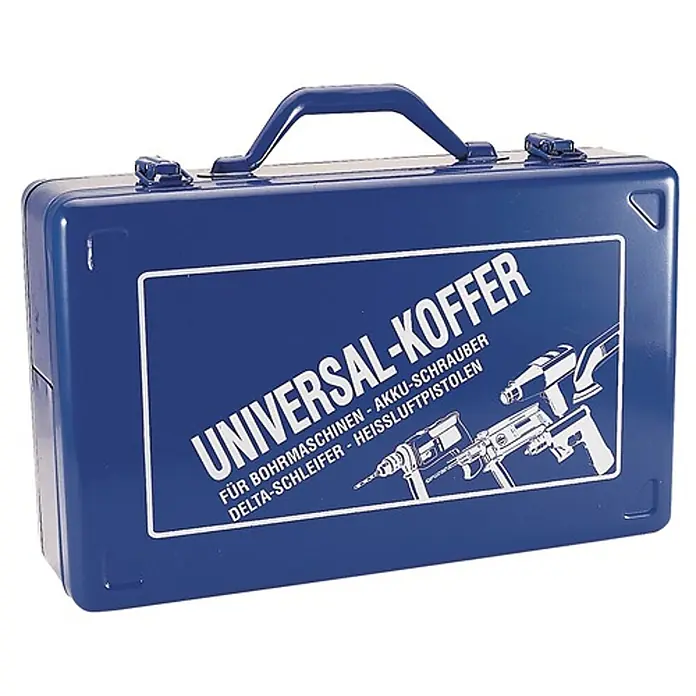 Intertech Werkzeugkoffer Stahlblech Koffer M -  - Blauer Universalkoffer mit Griff und Verschlüssen, bedruckt mit Text und Abbildungen von Bohrmaschinen, Schraubern und Heißluftpistolen.