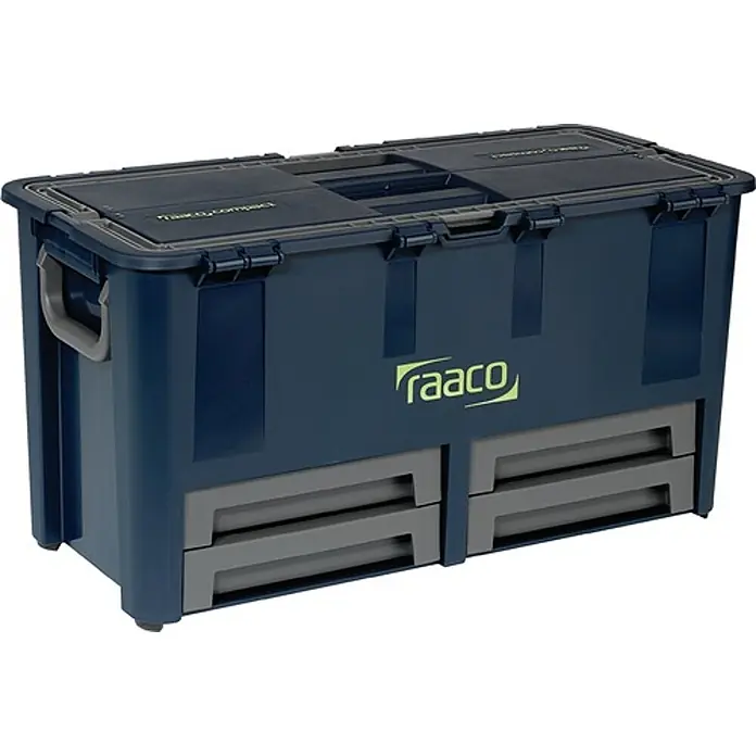 Raaco Werkzeugkoffer Compact 62 – 10 Fächer - L x B x H: 62 x 31,5 x 32 cm - Dunkelblaue Raaco Kunststoff-Werkzeugkiste mit hellgrünem Logo, grauem Deckel, Griffen und vier grauen Auszugsschubladen.