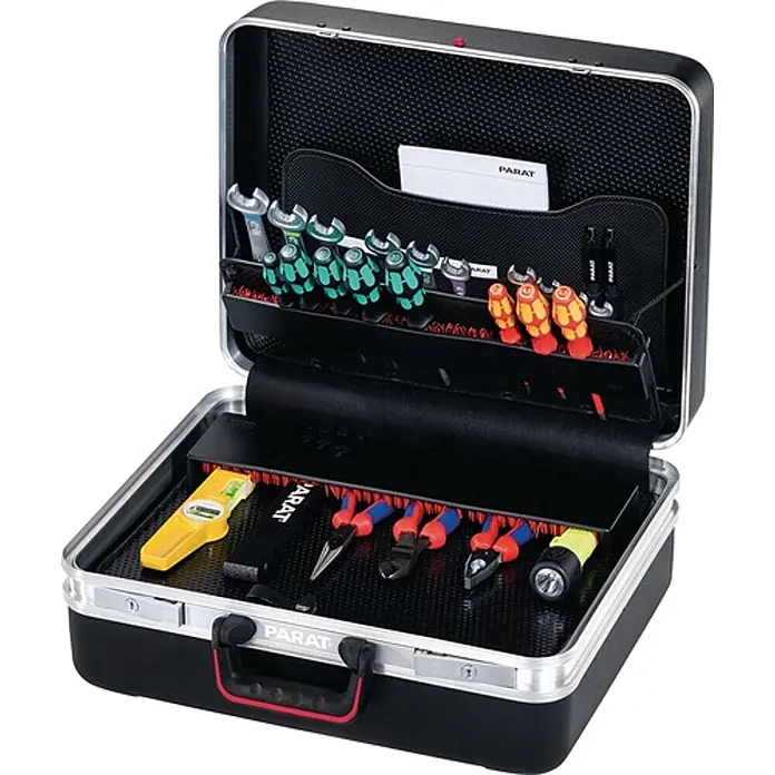 Parat Werkzeugkoffer CLASSIC Deep Space CP‑7 -  - Ein offener schwarzer und silberner PARAT Werkzeugkoffer mit organisiertem Innenraum, gefüllt mit Schraubendrehern, Schraubenschlüsseln und Zangen.