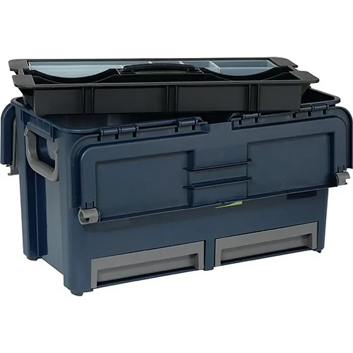 Raaco Werkzeugkoffer Compact 47 - 7 Fächer / Schlagfest - L x B x H: 54 x 30 x 29,5 cm - Dunkelblaue Kunststoff-Mehrzweck-Aufbewahrungsbox mit schwarzer Oberschale und zwei grauen Schubladen.