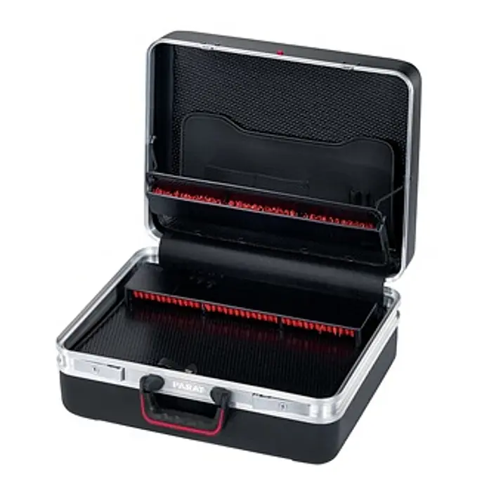 Parat Werkzeugkoffer CLASSIC Deep Space CP‑7 -  - Offener schwarzer Hartschalen-Werkzeugkoffer mit silbernem Rahmen und roten Werkzeughaltern für geordnete Aufbewahrung.