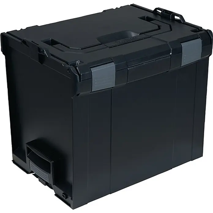 BS Systems Werkzeugkoffer L-BOXX® 374 – stapelbar - L x B x H: 37,8 x 29,4 x 33,9 cm - Schwarze modulare Aufbewahrungsbox mit grauen Verschlüssen und ergonomischem Seitenhandgriff.