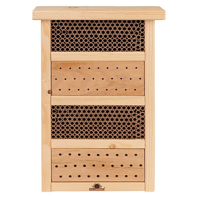 Neudorff Wildgärtner Freude Bienenhaus - 10 x 28,5 x 43 cm, Buche - Ein hölzernes Insektenhotel mit Röhren und Bohrlöchern, ideal für Wildbienen und andere nützliche Insekten im Garten.