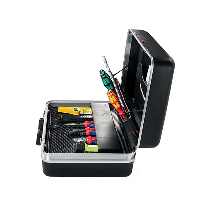Parat Werkzeugkoffer CLASSIC Deep Space CP‑7 -  - Offener schwarz-silberner Werkzeugkoffer gefüllt mit Schraubendrehern, Zangen und einer Wasserwaage für organisierte Aufbewahrung.