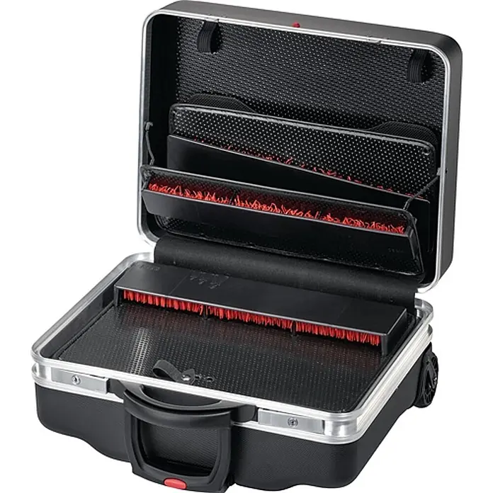 Parat Werkzeugkoffer CLASSIC KingSize Roll neo CP-7 -  - Offener schwarzer Servicekoffer mit Aluminiumrand, zeigt interne Organizer mit roten Borsten-Werkzeughaltern.
