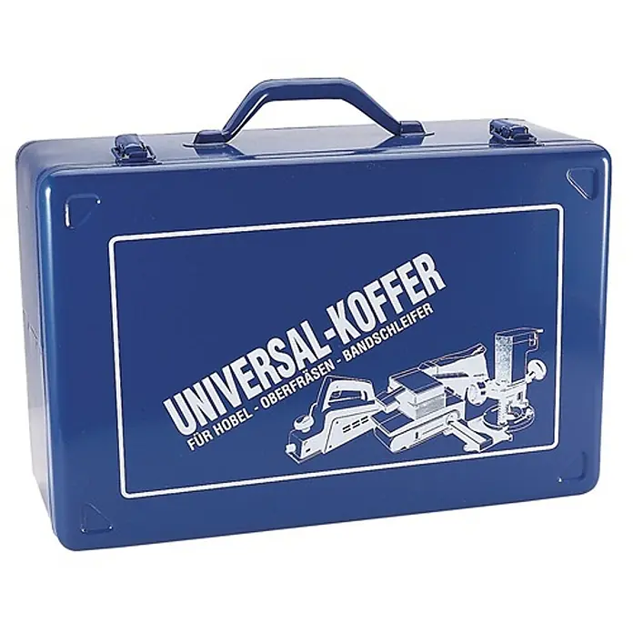Intertech Werkzeugkoffer Stahlblech Koffer XL -  - Blauer Metall-Universalkoffer mit Griff und Verschlüssen, illustriert mit Hobel, Oberfräse und Bandschleifer.