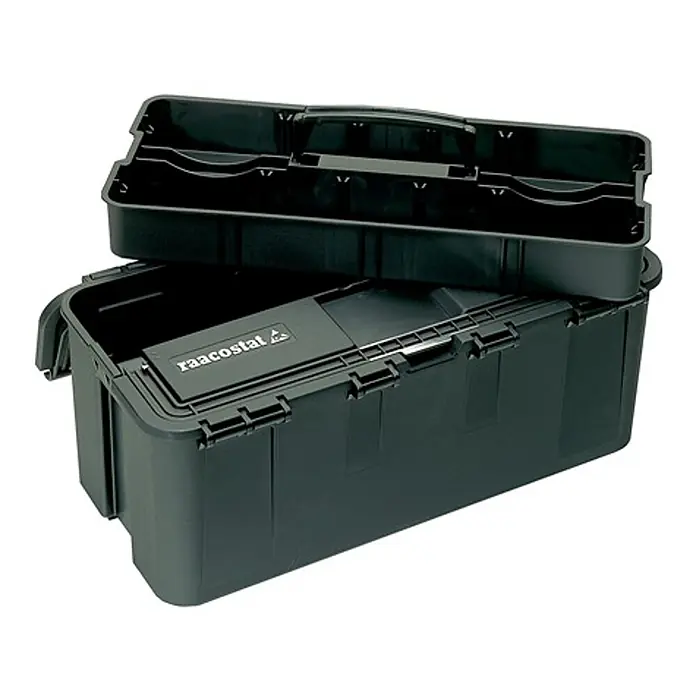 Raaco Werkzeugkoffer ESD Compact - leitfähig - L x B x H: 42,6 x 21,5 x 17 cm - Geöffnete dunkelgraue Kunststoff-Werkzeugkiste mit herausnehmbarer Ablage und Innenfächern.
