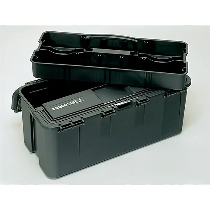 Raaco Werkzeugkoffer ESD Compact - leitfähig - L x B x H: 42,6 x 21,5 x 17 cm - Offene dunkelgraue Kunststoff-Werkzeugkiste mit herausnehmbarem Innenfach zur organisierten Aufbewahrung.