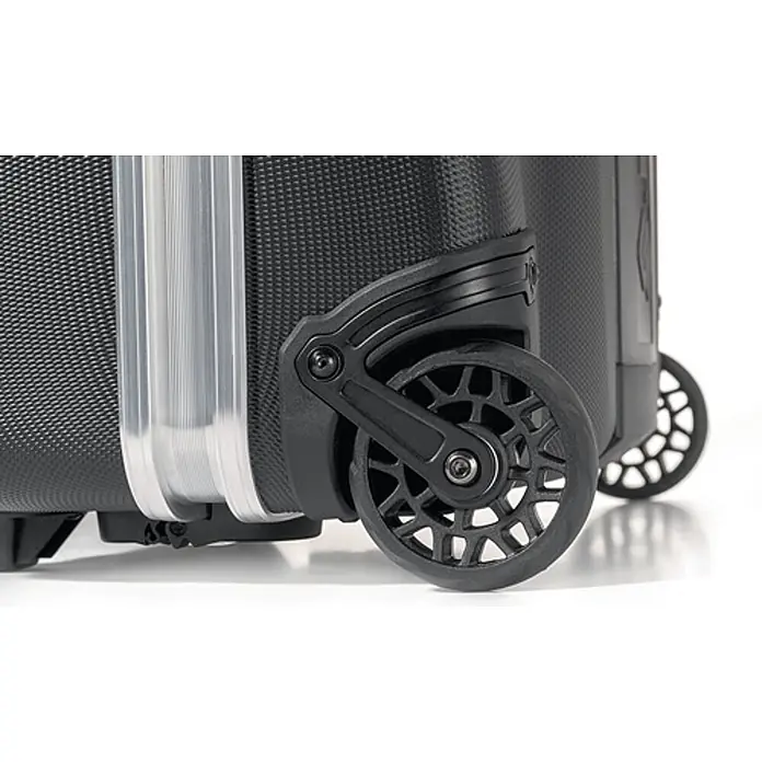 Parat Werkzeugkoffer CLASSIC KingSize Roll neo CP-7 -  - Schwarzes Kofferrollenrad mit Speichendesign an einem strukturierten schwarzen Koffer, neben einem silbernen Teleskopgriff.