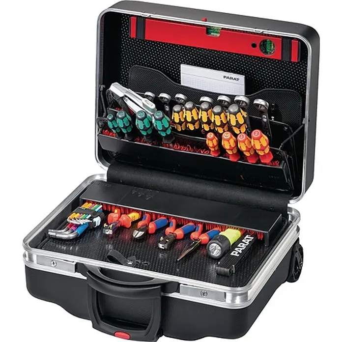 Parat Werkzeugkoffer CLASSIC KingSize Roll neo CP-7 -  - Schwarzer Profi-Werkzeugkoffer mit Aluminiumrahmen, offen mit Schraubendrehern, Zangen, Inbusschlüsseln, Wasserwaage und Taschenlampe.