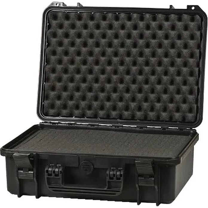 Raaco Werkzeugkoffer FlightCase 4 – IP67 -  - Offener schwarzer Hartschalenkoffer mit Noppenschaum im Deckel und flachem Schaumstoff im Boden, ideal zum Schutz empfindlicher Ausrüstung.