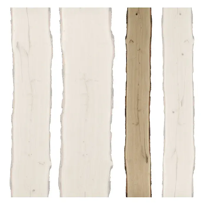 Blockware - Eiche, Anfallende Breite: 20 cm - 25 cm, 200 x 2,6 cm - Vier Holzbretter mit unterschiedlichen Farben und Maserungen, ideal für rustikale Möbel oder Wandverkleidungen.
