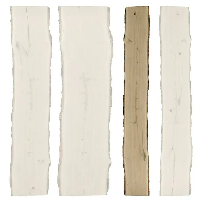 Blockware - Eiche, Anfallende Breite: 20 cm - 25 cm, 200 x 2,6 cm - Vier Holzbretter mit unterschiedlichen Farben und Maserungen, ideal für rustikale Möbel oder Wandverkleidungen.