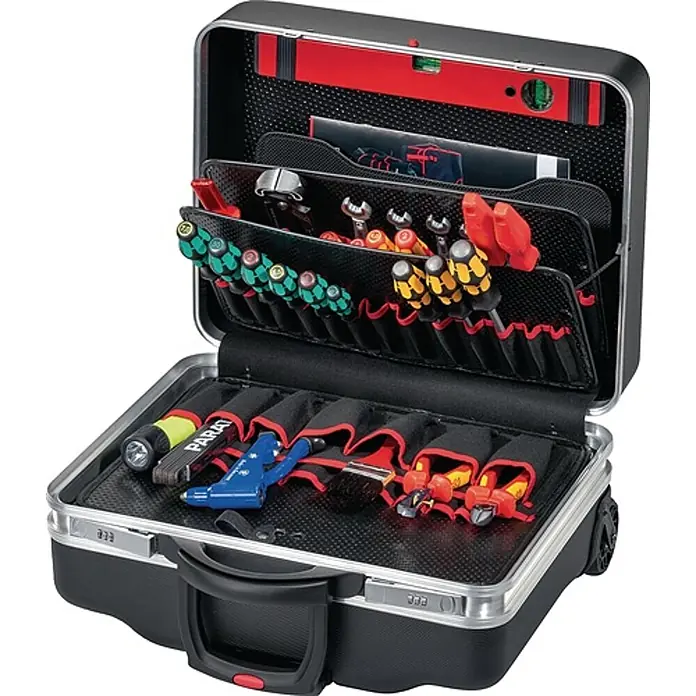 Parat Werkzeugkoffer CLASSIC KingSize Roll neo Safe -  - Offener schwarz-silberner Werkzeugkoffer mit diversen Handwerkzeugen in mehreren Fächern.
