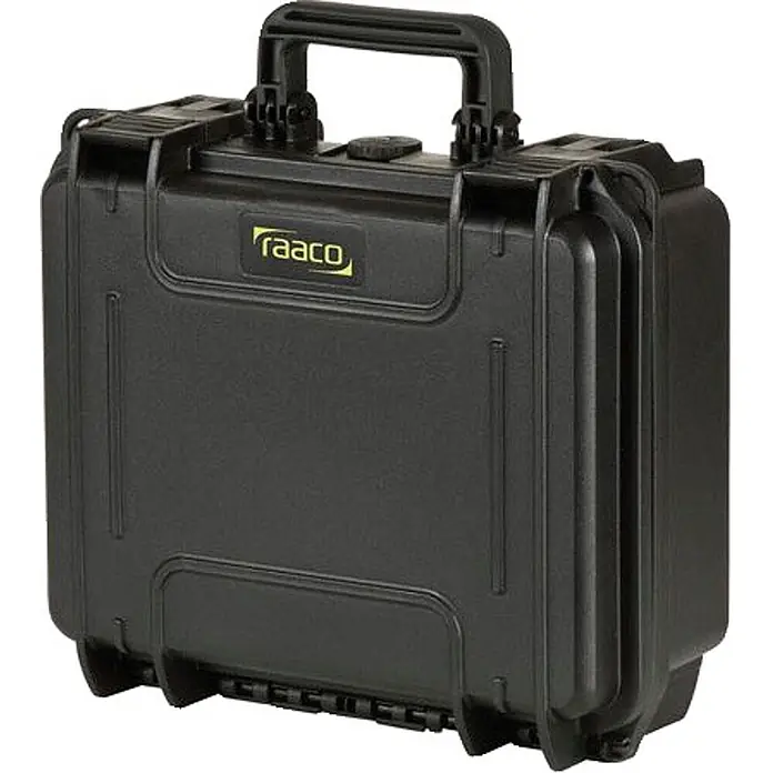 Raaco Werkzeugkoffer FlightCase 3 – IP67 - L x B x H: 22,5 x 13,2 x 30 cm - Schwarzer raaco Hartplastik-Transportkoffer mit Griff und Verschlüssen.