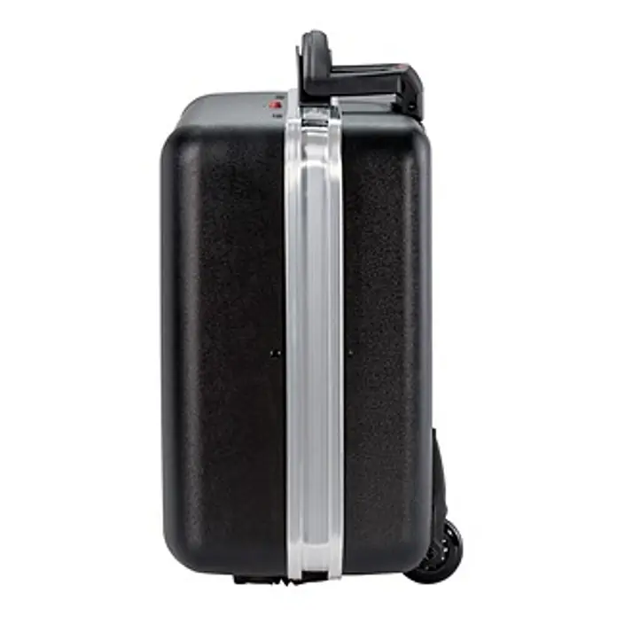 Parat Werkzeugkoffer CLASSIC KingSize Plus Roll – X -  - Seitenansicht eines schwarzen Rollkoffers aus Hartschale mit silbernem Mittelstreifen und Rollen. Oben ist ein Griff sichtbar.