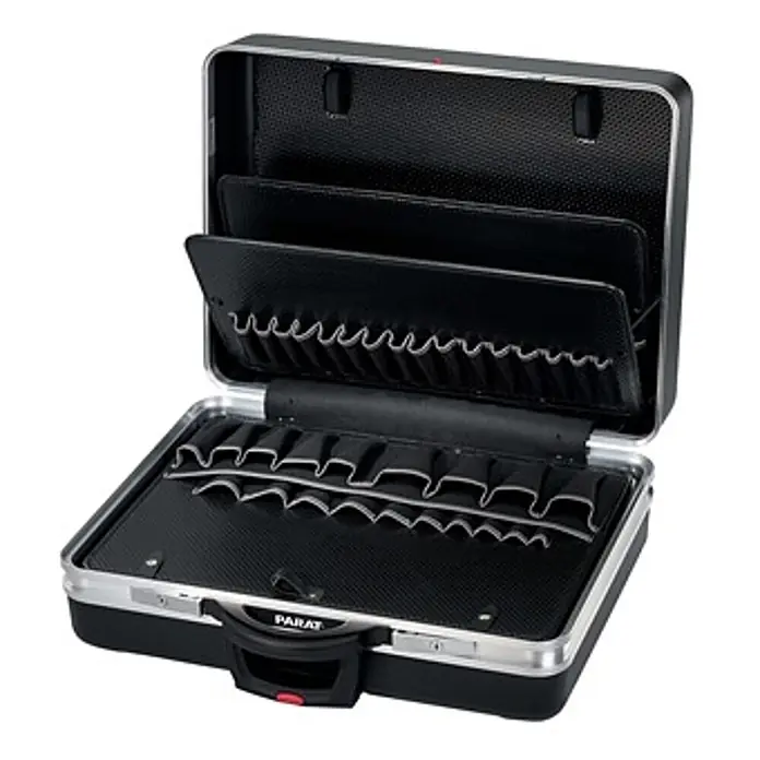Parat Werkzeugkoffer CLASSIC KingSize Plus Roll – X -  - Offener schwarzer Werkzeugkoffer mit Aluminiumrändern, zeigt Inneneinteilungen mit Schlaufen für Werkzeuge.
