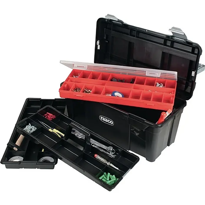 Raaco Werkzeugkoffer Toolbox 35-50 - L x B x H: 58 x 29 x 28,5 cm - Offener schwarzer Werkzeugkasten aus Kunststoff mit herausnehmbaren roten und schwarzen Organizer-Einsätzen, gefüllt mit Kleinwerkzeugen und Teilen.