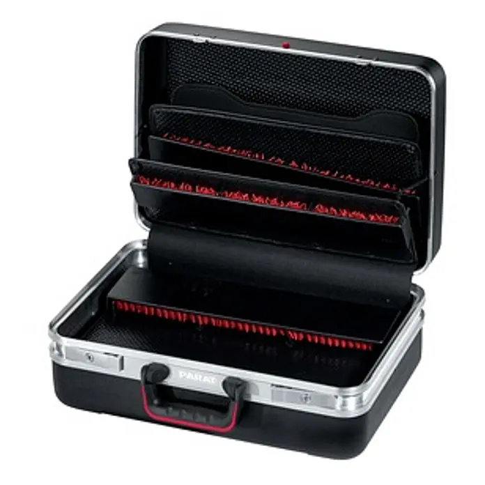 Parat Werkzeugkoffer CLASSIC Plus CP-7 -  - Geöffneter schwarzer Werkzeugkoffer mit Metallbesatz und roten Werkzeugorganisatoren.