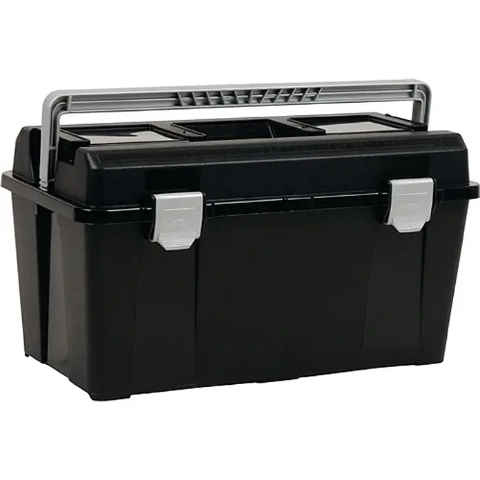 Raaco Werkzeugkoffer Toolbox 33-34 - L x B x H: 48 x 25,5 x 25,8 cm - Schwarze Kunststoff-Werkzeugkiste mit grauem Griff und zwei grauen Verschlüssen zur Werkzeugaufbewahrung.