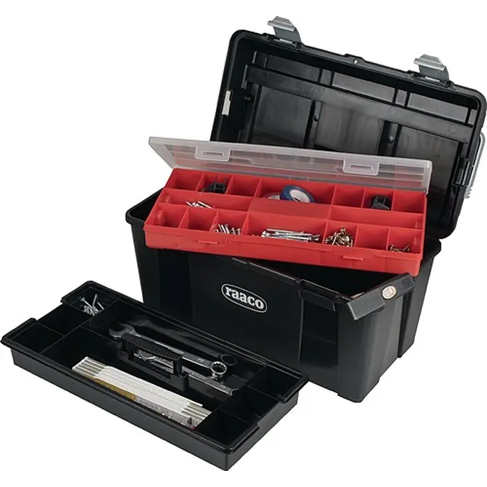 Raaco Werkzeugkoffer Toolbox 33-34 - L x B x H: 48 x 25,5 x 25,8 cm - Offene schwarze Raaco Werkzeugkiste mit rotem Kleinteileeinsatz und schwarzer Werkzeugablage mit Werkzeugen.