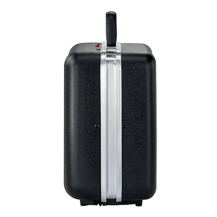 Parat Werkzeugkoffer CLASSIC Plus CP-7 -  - Schwarzes tragbares Gehäuse oder Gerät mit silbernem Mittelstreifen, schwarzem Griff und sichtbarer roter Kontrollleuchte.