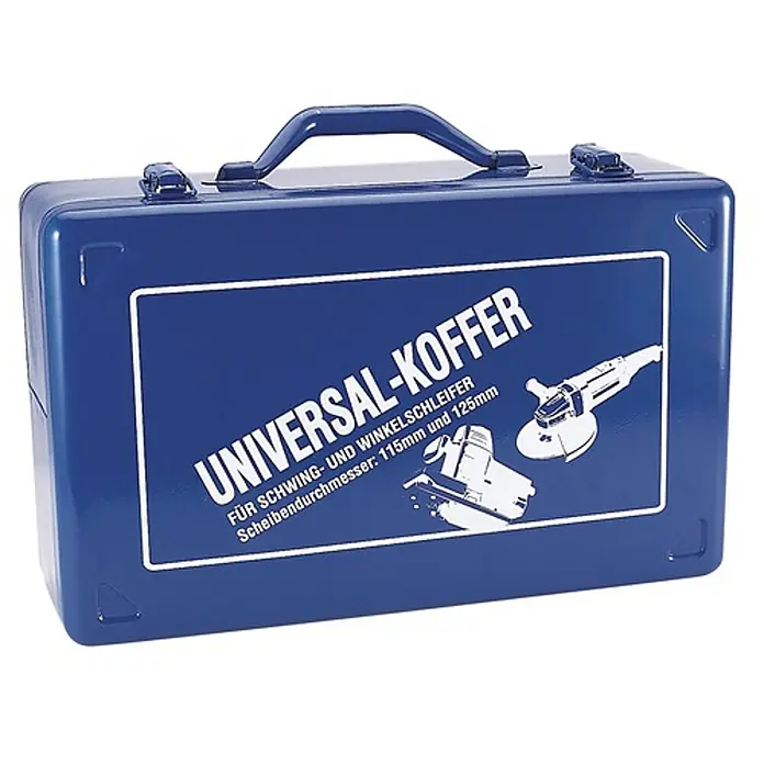 Intertech Werkzeugkoffer Stahlblech Koffer L -  - Blauer Kunststoff-Universalkoffer für 115/125mm Schwing- und Winkelschleifer, mit Werkzeugbildern.