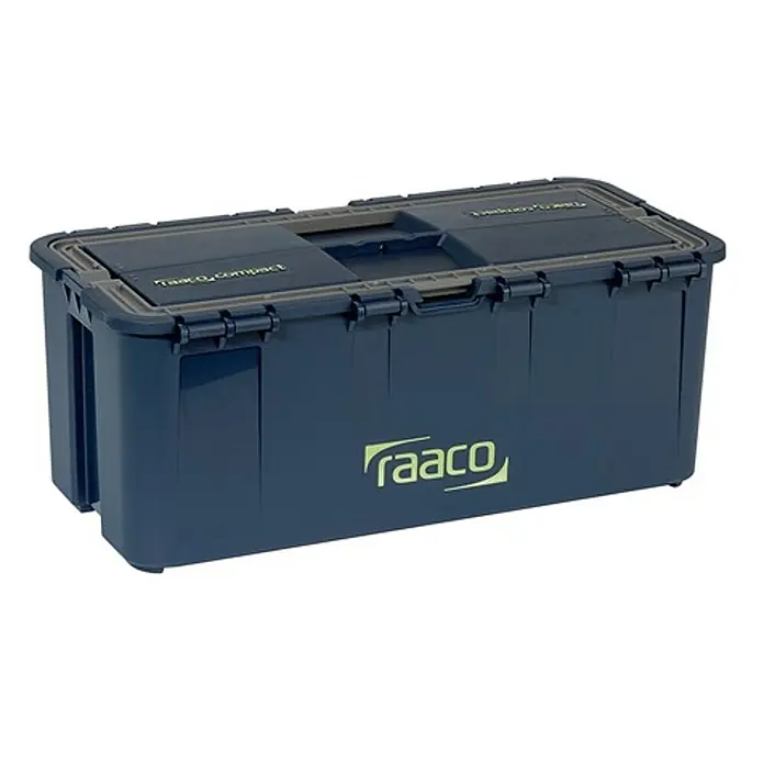 Raaco Werkzeugkoffer Compact 15 -  - Dunkelblaue Kunststoff-Aufbewahrungsbox mit grau akzentuiertem Deckel und 'Raaco'-Logo.