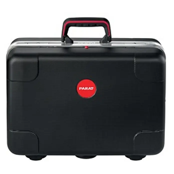 Parat Werkzeugkoffer SILVER Plus -  - Schwarzer Hartschalen-Werkzeugkoffer mit rotem PARAT-Logo, rot-schwarzem Griff und silbernem Rand.