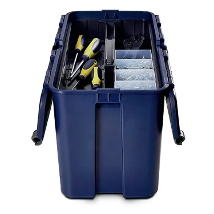 Raaco Werkzeugkoffer Compact 15 -  - Offene dunkelblaue Kunststoff-Werkzeugkiste mit Schraubendrehern, Zangen und Sortierfächern für Kleinteile.