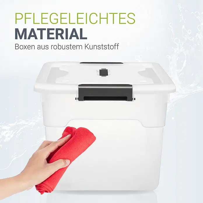 Juskys Aufbewahrungsbox-Set Aufbewahrungsbox - L x B x H: 45 x 33 x 26 cm, Kunststoff, weiß, 6 Stk. - Weiße Kunststoffbox wird mit rotem Tuch abgewischt, als Beispiel für pflegeleichtes Material.
