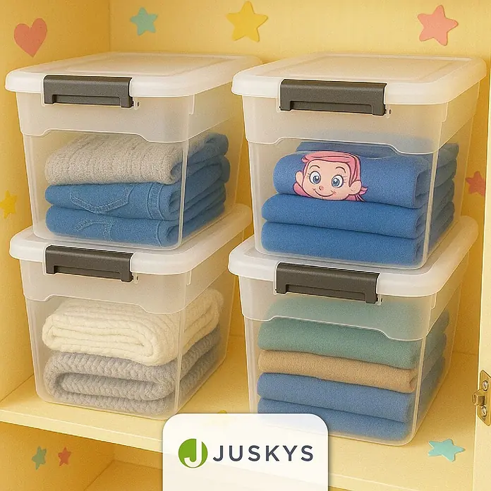 Juskys Aufbewahrungsbox-Set Aufbewahrungsbox - L x B x H: 52 x 38 x 30 cm, Kunststoff, Weiß, 4 Stk. - Transparente Plastik-Aufbewahrungsboxen mit grauen Verschlüssen, in einem gelben Schrank gestapelt und mit gefalteter Kleidung gefüllt.
