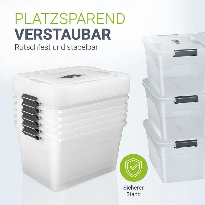 Juskys Aufbewahrungsbox-Set Aufbewahrungsbox - L x B x H: 45 x 33 x 26 cm, Kunststoff, weiß, 6 Stk. - Stapel transparenter Kunststoff-Aufbewahrungsboxen mit dunkelgrauen Clips, gestapelt und ineinander nestbar dargestellt.