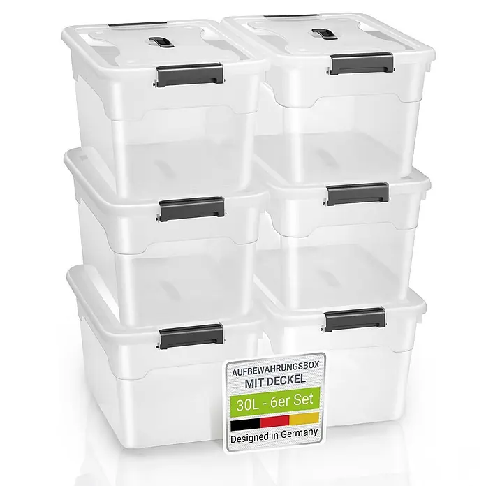 Juskys Aufbewahrungsbox-Set Aufbewahrungsbox - L x B x H: 45 x 33 x 26 cm, Kunststoff, weiß, 6 Stk. - Sechs transparente 30L Kunststoff-Aufbewahrungsboxen mit schwarzen Deckeln und Griffen, gestapelt.