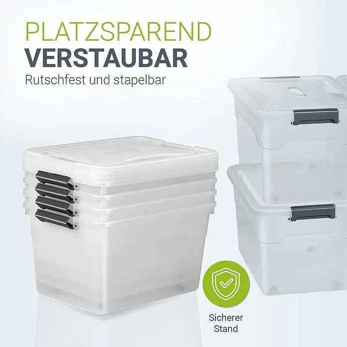 Juskys Aufbewahrungsbox-Set Aufbewahrungsbox - L x B x H: 52 x 38 x 30 cm, Kunststoff, Weiß, 4 Stk. - Transparente Kunststoff-Aufbewahrungsboxen mit dunkelgrauen Verschlüssen, gestapelt und einzeln gezeigt. Platzsparend, rutschfest und stapelbar.
