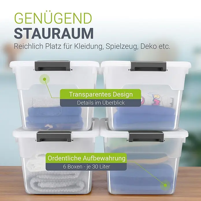 Juskys Aufbewahrungsbox-Set Aufbewahrungsbox - L x B x H: 45 x 33 x 26 cm, Kunststoff, weiß, 6 Stk. - Transparente, stapelbare Aufbewahrungsboxen mit je 30 Litern Fassungsvermögen für ordentliche Organisation von Kleidung, Spielzeug.